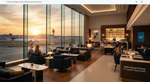 Premium airport lounge with runway view at sunset