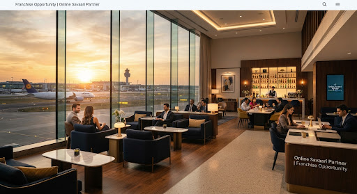 Premium airport lounge with runway view at sunset